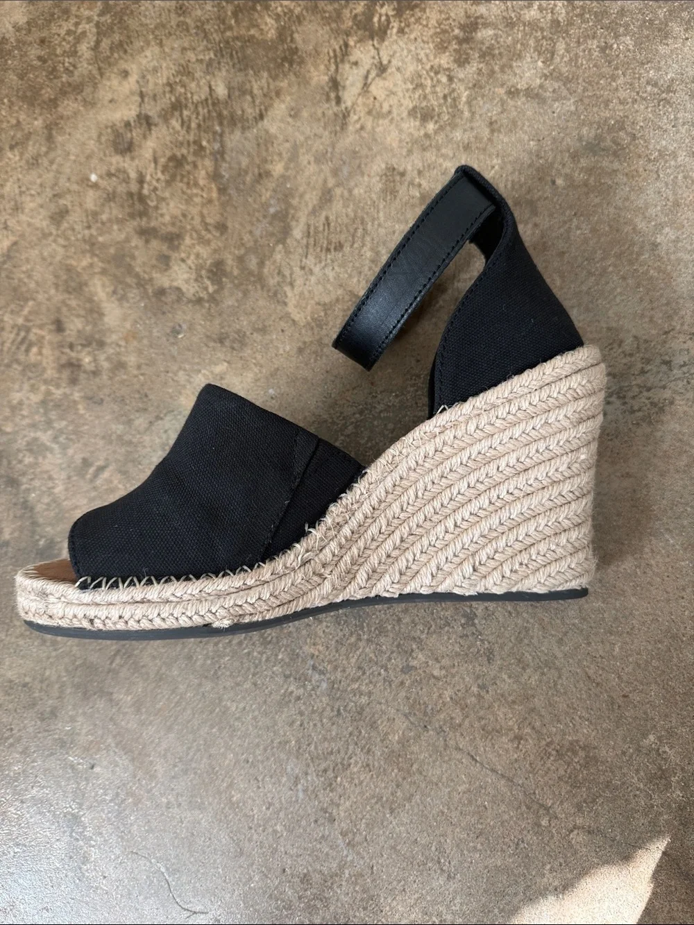 Toms Black Canvas Espadrille Wedge Sandals with Ankle Strap